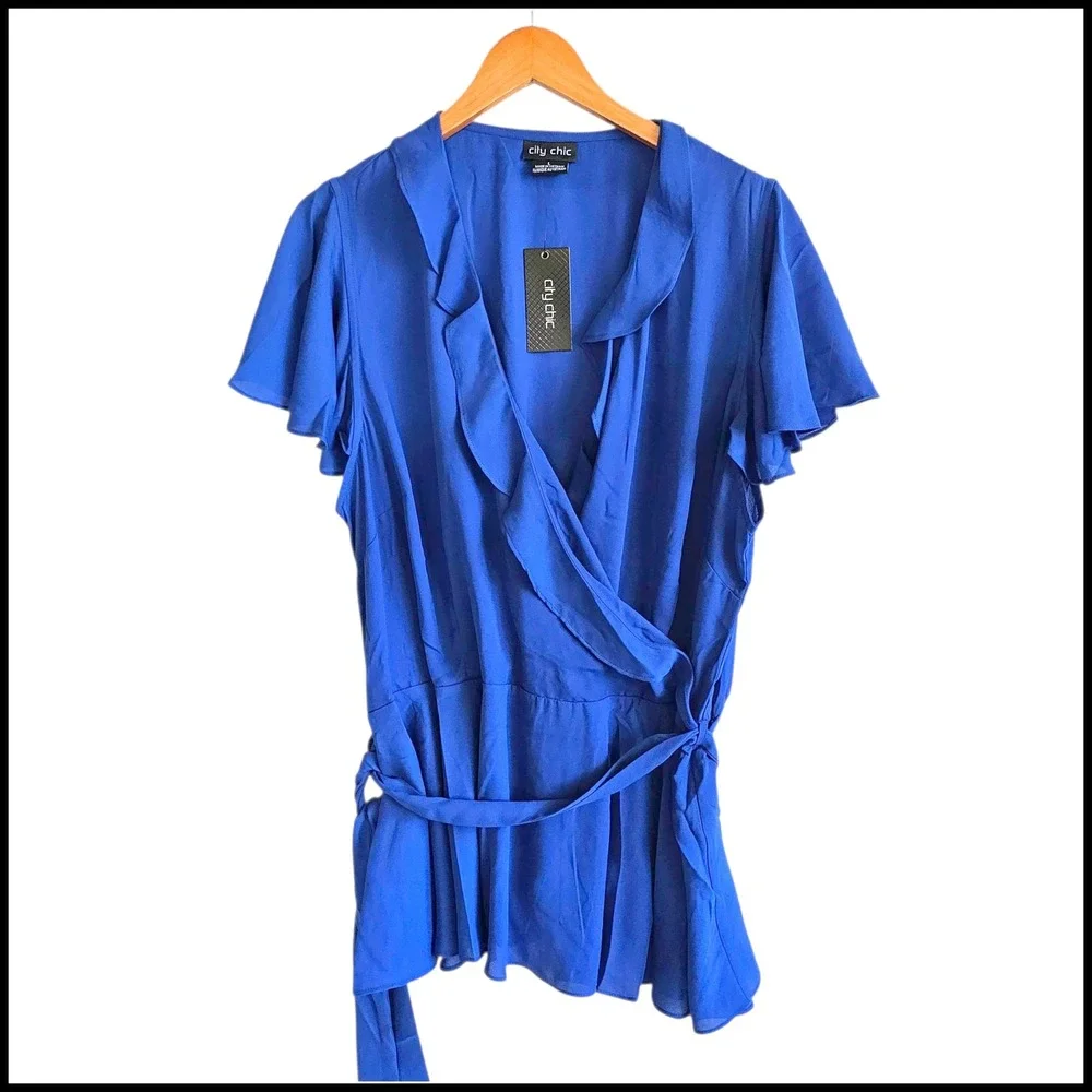City Chic Women's Blue Ruffle Wrap Blouse Top Plus Size 2X 20 NWT - Picture 2 of 13
